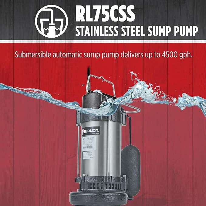 Red Lion RL75CSS 115 Volt, 3/4 HP 4500 GPH Stainless Steel Sump Pump with Snap-Action Switch, Steel/Black, 14942795