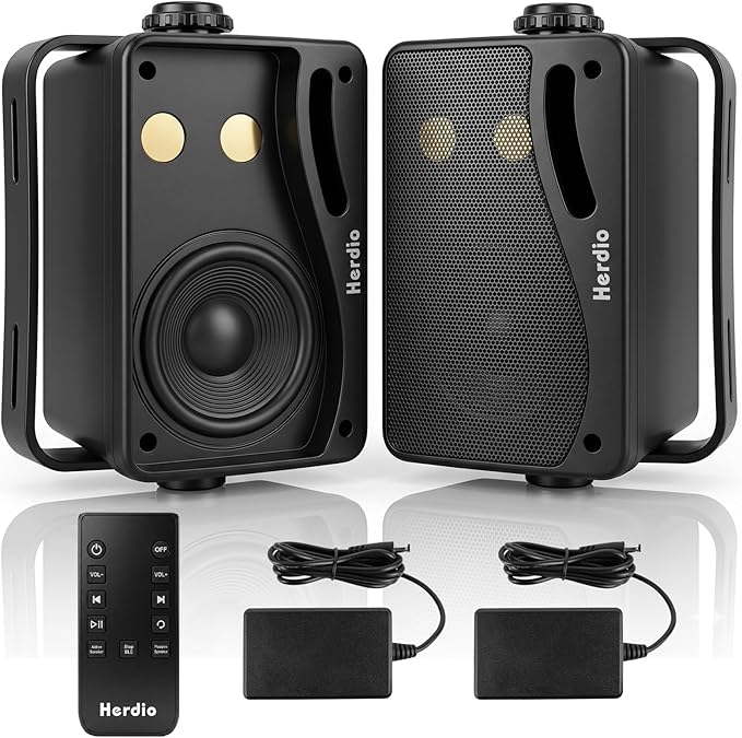 Herdio 3.5" 200W Outdoor Bluetooth Speakers, IP44 Waterproof Rating and Be Able to Wireless Multi-Connection Up to 20 Units for Patio/Porch/Balcony (Black, 2-Pack)