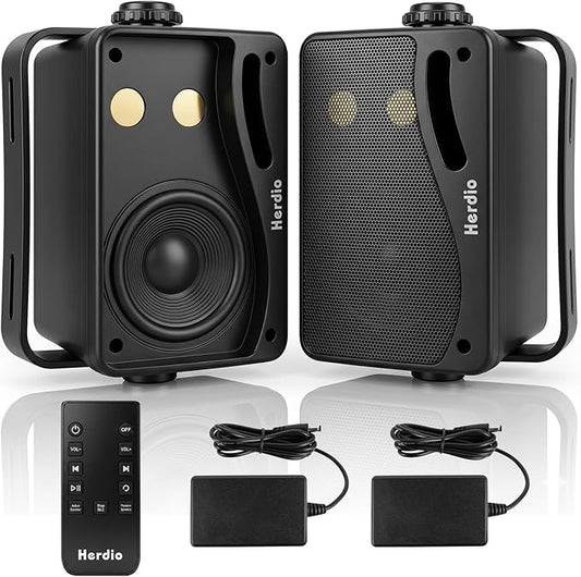Herdio 3.5" 200W Outdoor Bluetooth Speakers, IP44 Waterproof Rating and Be Able to Wireless Multi-Connection Up to 20 Units for Patio/Porch/Balcony (Black, 2-Pack)
