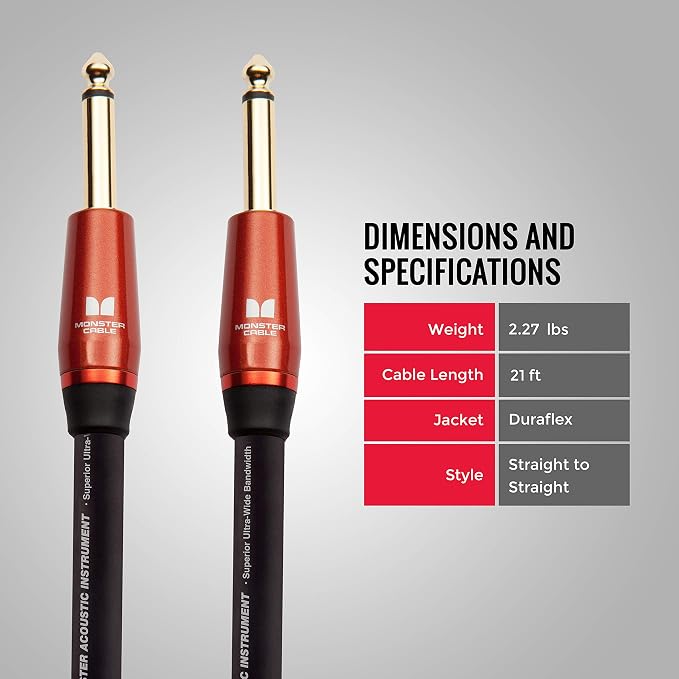Monster Prolink Acoustic Instrument Cable - 21 ft Guitar Cable with Straight to Straight Connectors, Delivering Rich & Clean Sound