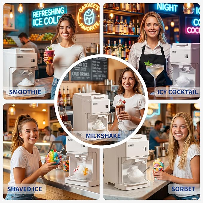 Garvee Commercial Ice Shaver Crusher 300LBS/H, 500W Electric Snow Cone Maker, 500RPM Tabletop Ice Shaving Machine with 5.07LBS Hopper & Stainless Steel Blade for Home, Parties, Snack Bars, White