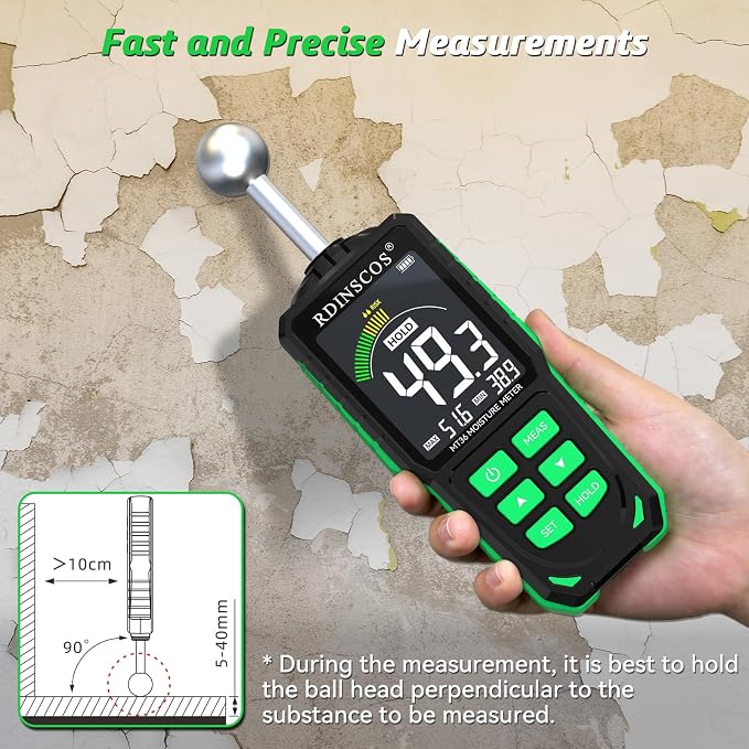 Pinless Moisture Meter for Drywall for Wood and Wall | Ball type Moisture Readers;5-40mm Depth; Custom Alarm Threshold
