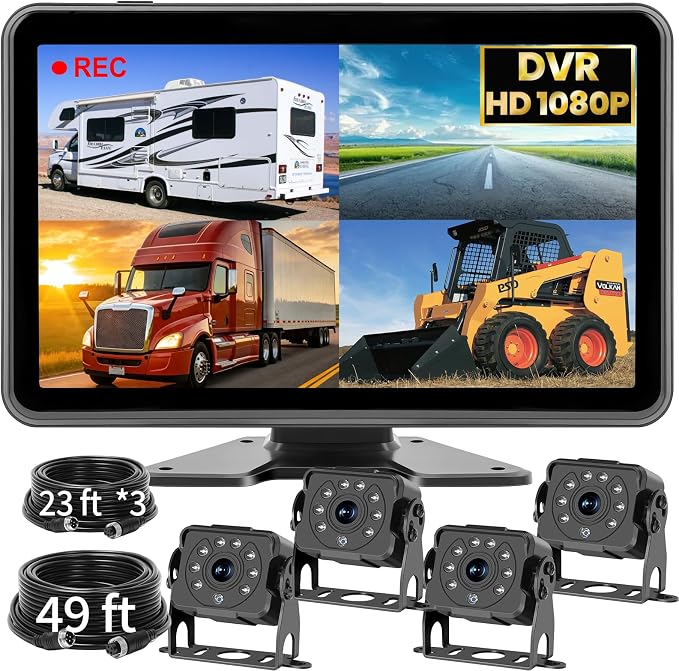 4 Wired Backup Camera System for Truck/RV, 10.1" HD 1080P Plug and Play Touch DVR Quad Split Monitor & 4 Side/Rear Camera Waterproof IR Night Vision Vibration-Proof for Trailer/Tractor/Heavy Equipment