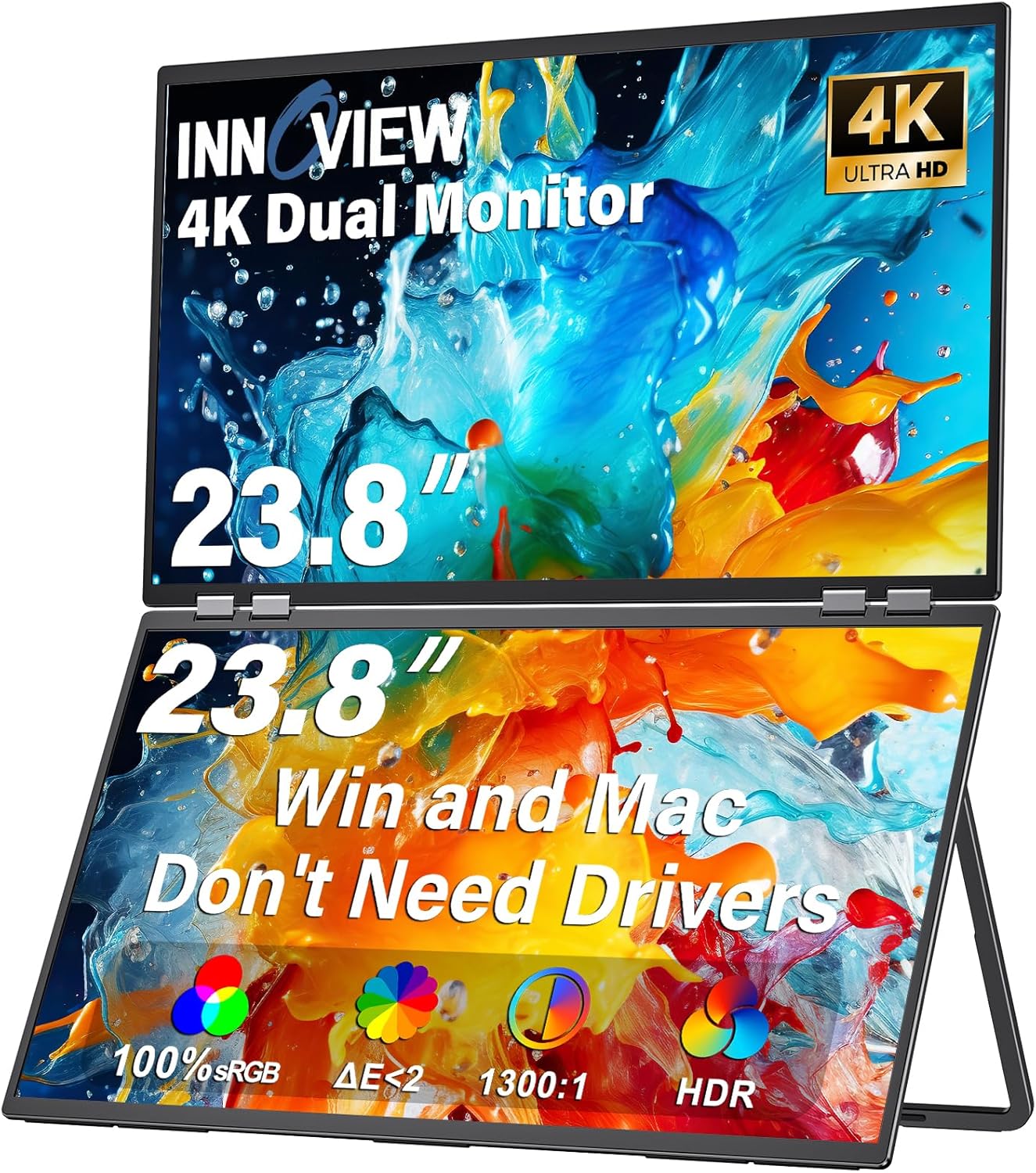 InnoView 23.8" Dual Portable Monitor 100% sRGB 3840x2160P 4K 315°Adjustable Dual Stacked Foldable Monitor Built-in Speakers Screen Extender with HDMI/USB-C/DP for Laptop Windows Mac
