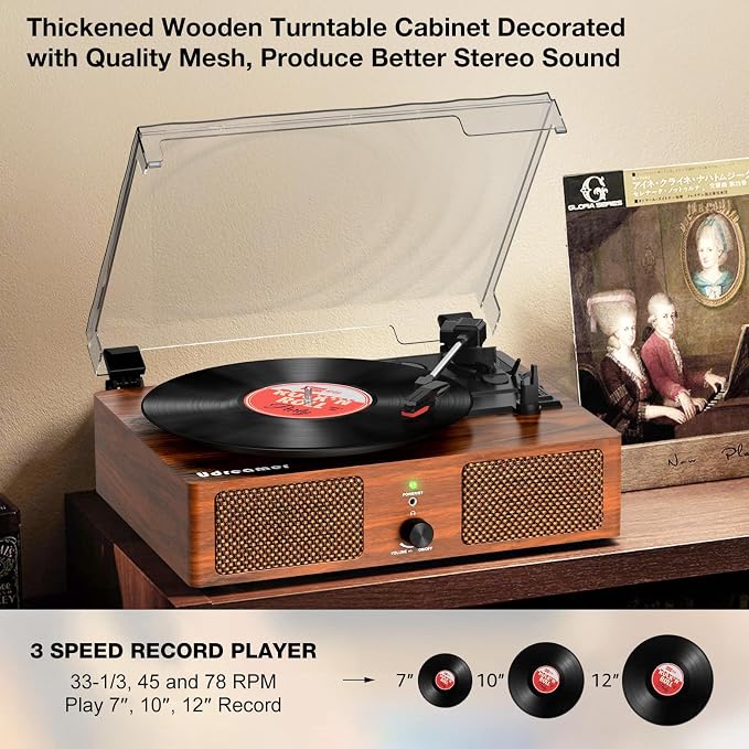 Vinyl Record Player with Upgraded Speakers and USB,Belt-Driven Bluetooth Turntable with 3 Speed AUX Input Headphone Jack and RCA Output