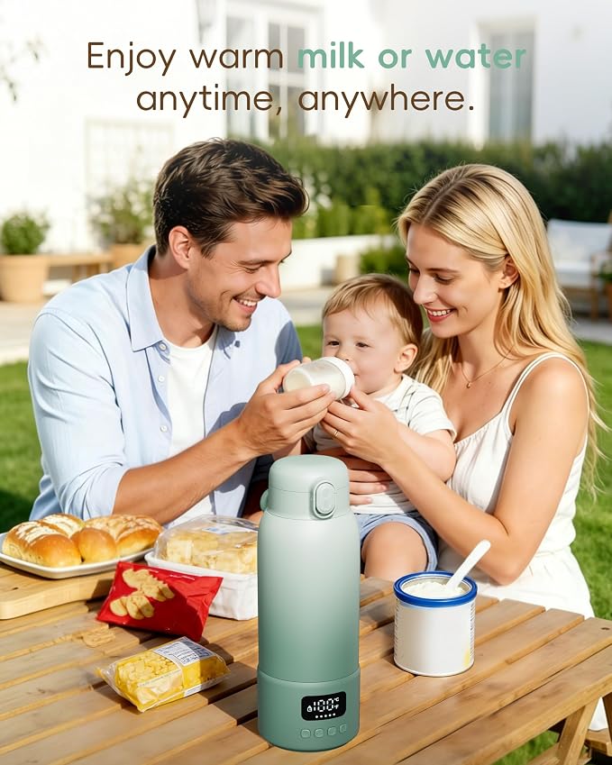 Portable Bottle Warmer for Travel, 17oz Large Capacity, 2-Min Fast Heating, Keep Warm Function, Long Battery Life, Ideal for Heating Breast Milk and Water On-the-Go, Green