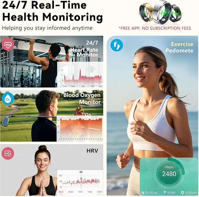 Smart Ring for Women & Men, Health & Fitness Tracker with Heart Rate/Sleep Monitoring/Blood Pressure, 5ATM Waterproof,Activity Trackers with Free App,Stylish Fitness Ring Birthday Gift(Size 12, Gold)