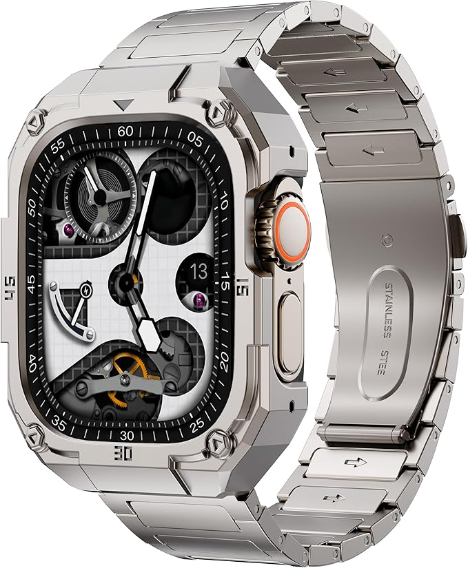 Mechanical Metal Watch Case with Band Compatible with Apple Watch Series 11/10 46mm Band,Rugged Military Stainless Steel Protective Bumper Cover,Tough Business iwatch Band Strap for Men,Titanium