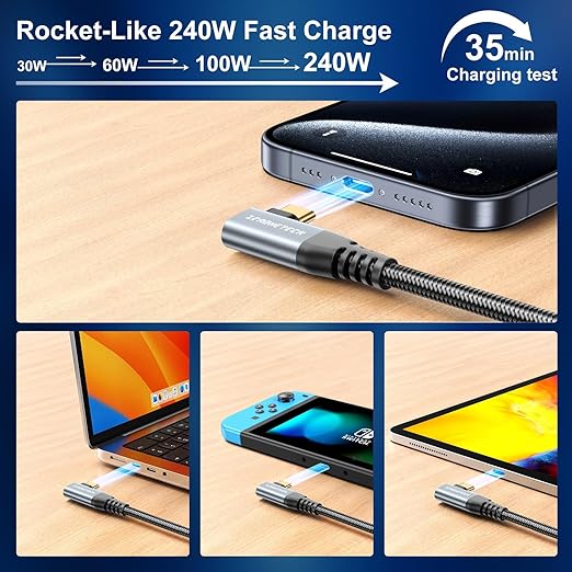 ZeroneTeck USB 4 for Thunderbolt 4 Cable, [Durable] 8K@60Hz/4K@144Hz USB C Monitor Display Cable, 40Gbps High Speed Data Transfer Right Angle, 240W Charing for iPhone 17,MacBook,iPad,SSD,HP,KYY - 6FT