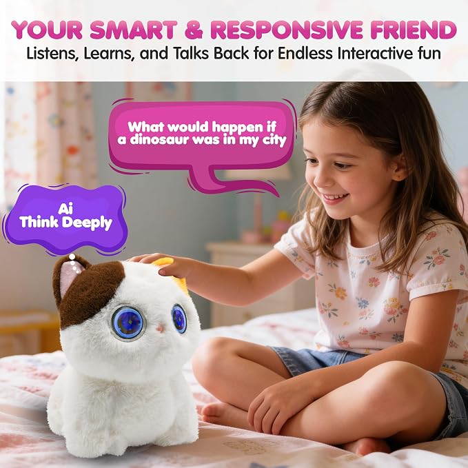 Contixo AI Pixie-Paw Smart Interactive Plush Cat – Voice-Responsive, Touch-Activated, Expressive Eyes, AI Companion Stuffed Animal for Kids & Pet Lovers, White
