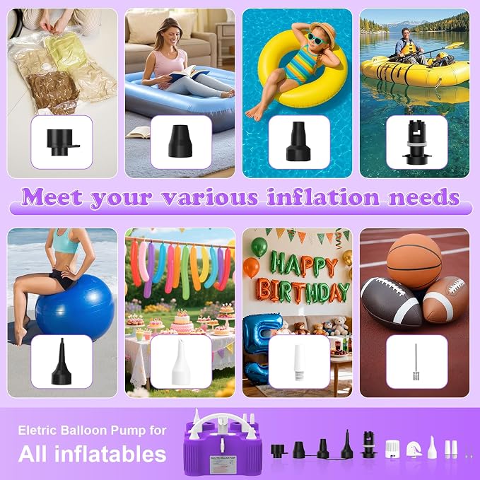 Electric Balloon Pump 4-in-1 Air Pump Portable Electric Balloon Blower Machine Dual Nozzle Quick-Fill 110V AC Inflator Deflator for Balloons Pool Floats Air Mattress Inflatables