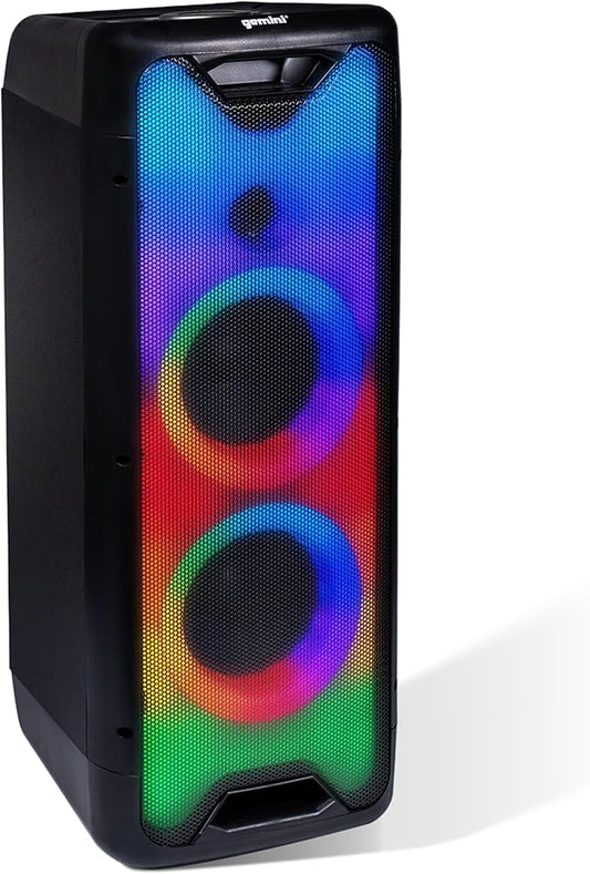 Gemini Bluetooth Speaker with LED Light Show, Dual 8" Woofers, Mic & Guitar Inputs, TWS Pairing, USB/FM/Bluetooth Playback, 16 Hr Battery, Remote Control – Perfect for Parties & Events (GLS-880)