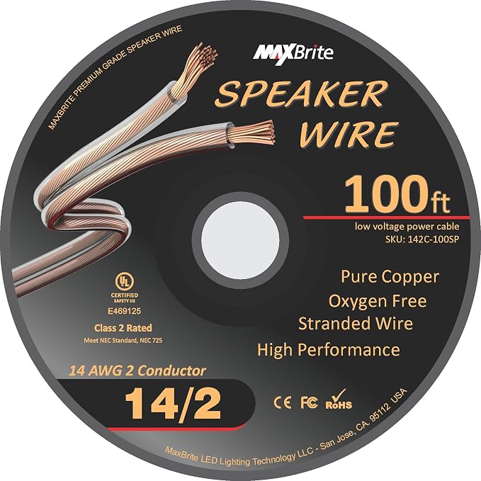 100 ft. Spool High Performance 14 Gauge Speaker Wire, Oxygen Free Pure Copper - UL Listed Class 2
