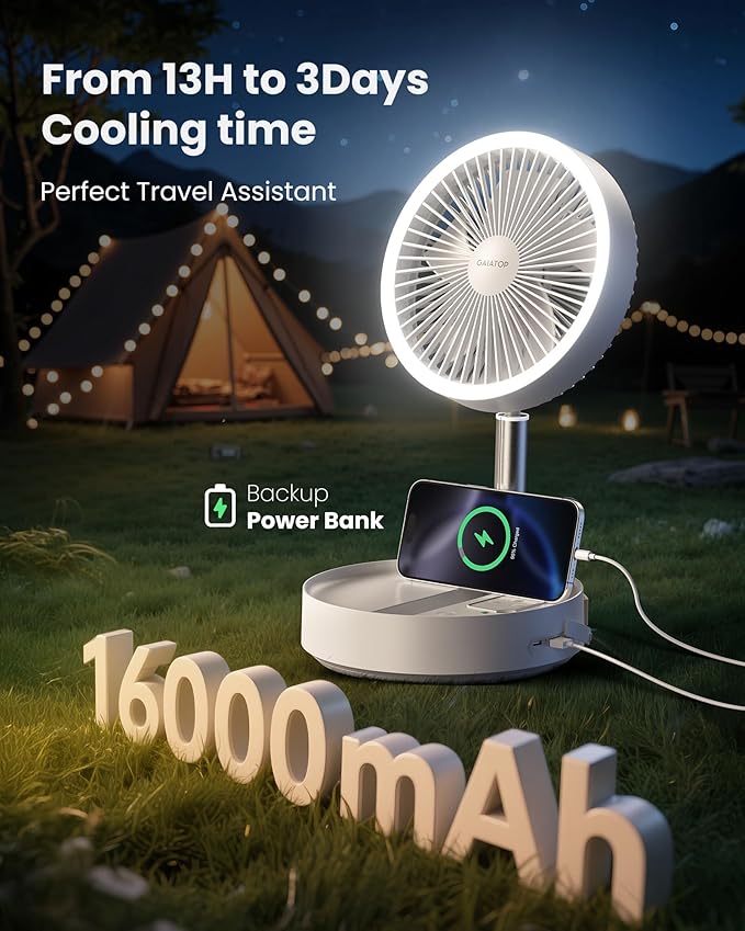 Gaiatop Portable Pedestal Fan 16000mAh Battery [Max 74h Runtime], Foldable Oscillating Standing Fan, Collapsible Desk Fans, LED Light, Case & Remote Control 4 Speeds for Outdoor Travel Camping (White)