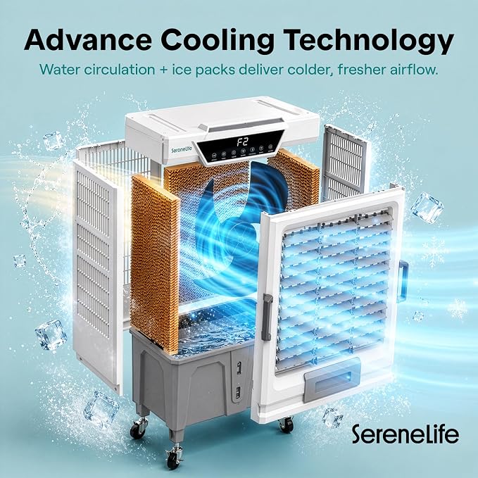 SereneLife Portable Swamp Cooler with 12000 CFM Power - Industrial Evaporative Air Cooler for Large Indoor & Outdoor Spaces, 150 L Tank, 60° Oscillation, 12-Hour Timer, Wi-Fi & Remote Control