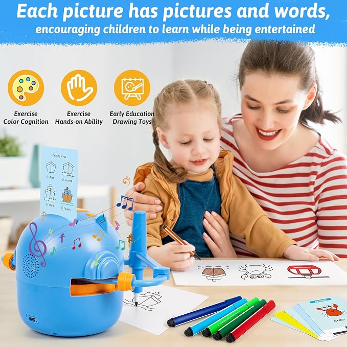 Drawing Robot for Kids with Music, Interactive Educational Drawing Machine with 100 Drawing Cards & 16 Color Pens, Magic Painting Learning Toy Gift for Girls and Boys Age 3 4 5 6 7 8