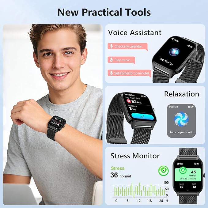 Smart Watch Women Men, 1.85’’ Lightweight Fitness Tracker Make/Answer Call, HR/Blood Pressure/Sleep Monitor, 110+Sport Modes, Waterproof Reloj inteligente Compatible for Android & Samsung & iPhone