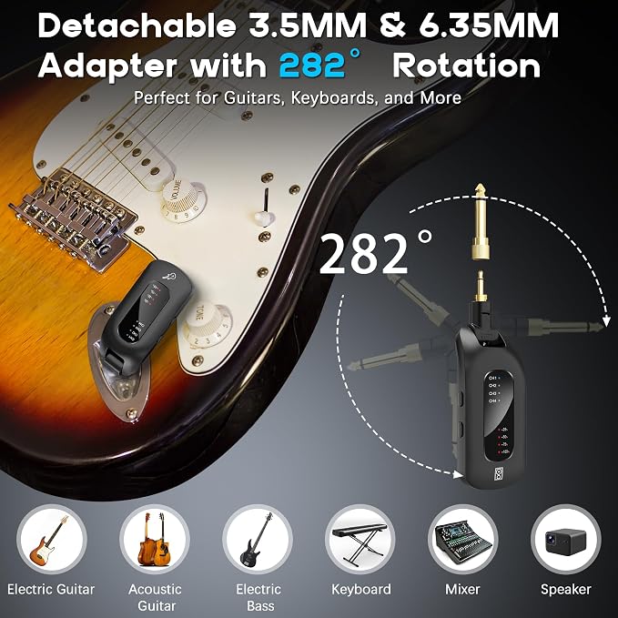 5.8GHz Wireless Guitar Audio System - Rechargeable Transmitter and Receiver with 4 Channels, Low Latency and Over 164ft Long Range Transmission, Compatible Guitar Bass Electric Instruments