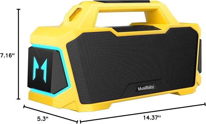 Musibaby 80W Portable Bluetooth Speaker, Loud Bass, IPX6 Waterproof, Yellow | Bright yellow speaker for picnic, tailgate, RV, workshop, projector nights, boat deck, cookouts, USB/AUX music.
