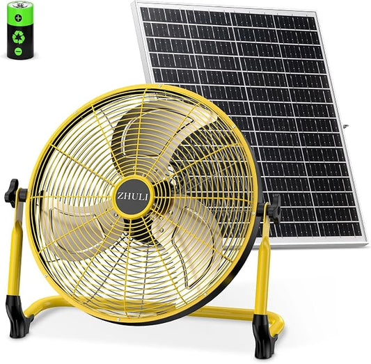 ZHULI 14" Solar Fan, Portable Battery Operated Solar Fans for Outside, Rechargeable Cordless Camping Fan, 30W Solar Panel, Hi-Velocity Brushless Motor, Metal Blade, USB Phone Charge, Quiet, Wireless