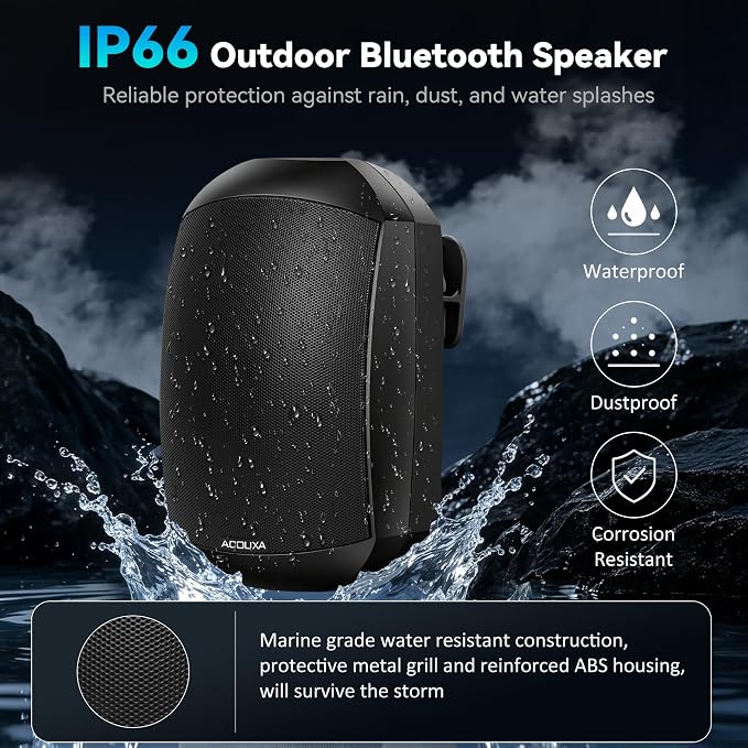 5.25 Inch Wall Mount Bluetooth 6.0 Outdoor Speaker,IP66 Waterproof Indoor/Outdoor Sound System,2-Way Woofer & Tweeter,600W Peak Wired Speakers for Pool,Patio,Garage,Home Theater(Pair,Black)