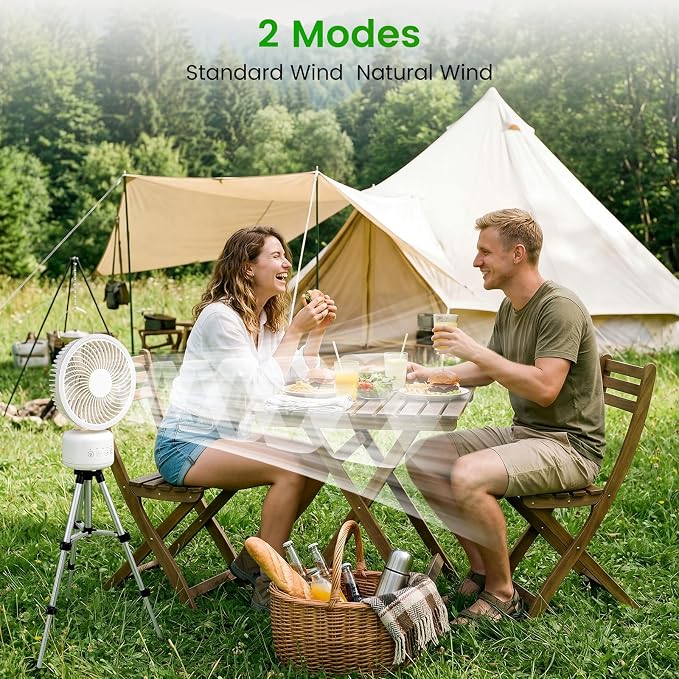 Electactic Personal Fan, Camping Fan - Rechargeable, 360° Oscillation, Type-C, LED, 4 Speeds, Remote/Timer. Hanging/Wall Mount, Tripod Stand. Office, Bedroom, Indoor/Outdoor, Tent, Travel, Jobsite