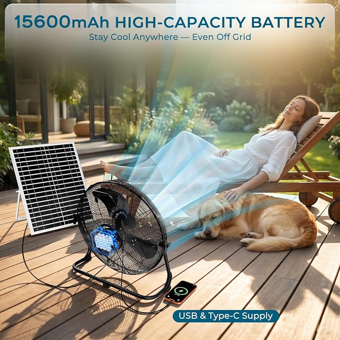 AUMIO 16" Solar Powered Floor Fan, Battery Operated Solar Fan with 25W Solar Panel & 15600mAh Battery, 1050 CFM High Velocity Airflow, 4-25H Runtime for Outdoor Camping, Power Outage, Patio, RV