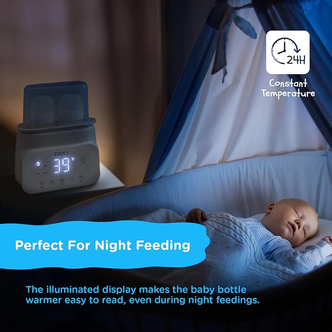 Bottle Warmer - Double Baby Bottle Warmer, Sanitizer, and Milk Defroster - Formula or Breastmilk Heater with Automatic Timer by EVLA’s (White)