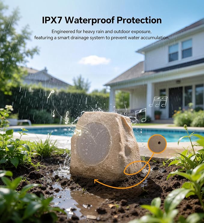 Upgraded Outdoor Rock Speaker 30W Deep Bass Multi-Sync up to 100Pcs, Remote Control, IPX7 Waterproof Solar-Powered with LED Lights Perfect for Pool, Garden, Patio, Ideal for Music Lovers - 1 Pack