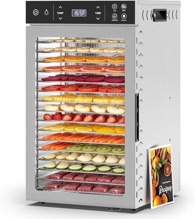 Suteck Food Dehydrator with 16 Stainless Steel Trays, 800W Dehydrator Machine with Dual Fans & 360° Airflow, Digital Temp & Time Control with 4 Presets, Quiet Food Dryer for Jerky, Fruit, Flower, Meat
