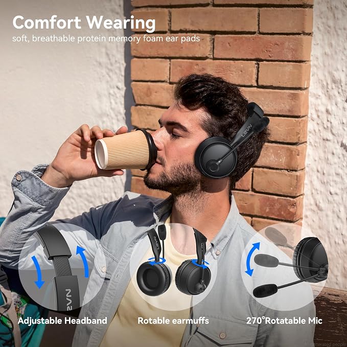 LEVN Bluetooth Headset with Microphone, 60 Hrs Working Time Dual Connection Bluetooth Headphones with Mic, Wireless Headset with Mic for Work/Video Meetings/Phone/Call Center/PC/Music/Zoom/Teams