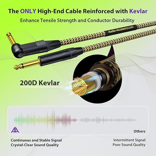 AA AUDIO ACCESSORY Gold Series Right Angle Guitar Cable 3.3 ft (Gold-Plated Neutrik Connectors) 16 AWG, Kevlar Reinforced Braided 1/4 Instrument Cord for Electric Amp Bass, 100% Shielded, Yellow/Black