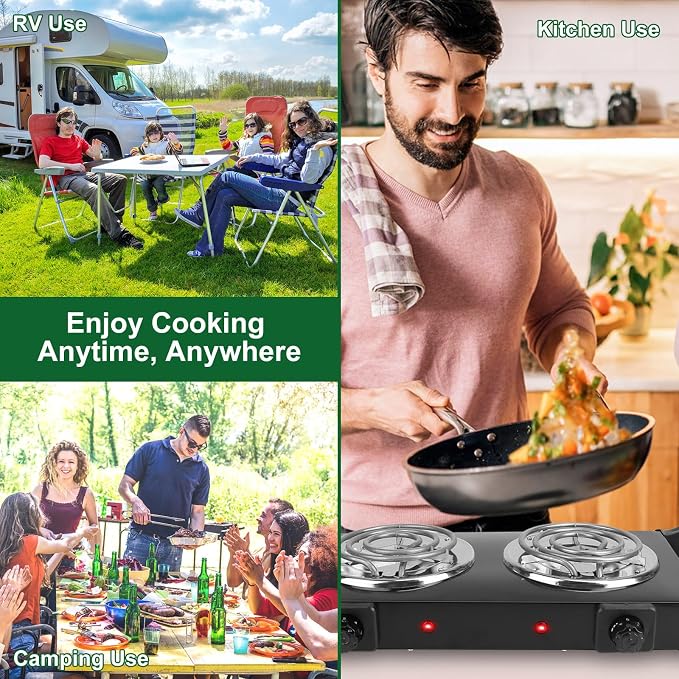 Portable Stove Electric, 2000W Double Burner Electric Cooktop with Coil Hot Plate & Stay Cool Handles, 5 Level Temperature Control, Cooking Stove for Home RV Camping