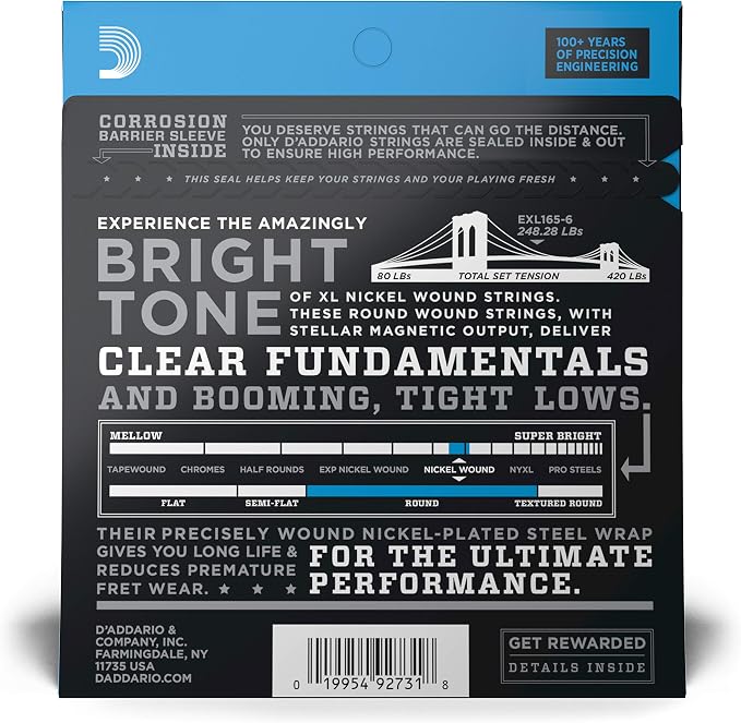 D'Addario Electric Bass Guitar Strings, XL Nickel, EXL165-6, Regular Light Top/Medium Bottom Gauge 32-135, Long Scale, 6-String Set, Pack of 1
