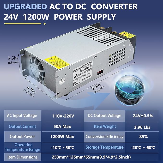 New Upgraded DIY SMPS 110V AC to DC 24V 50A 1200W Power Supply, 24v Power Supply,110v to 24V Converter Voltage Transformer for Motor Pump CCTV 3D Printer Air Compressor Led (24V-50Amp-1200W, 24V)