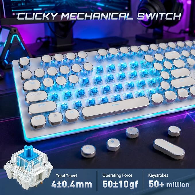 RK ROYAL KLUDGE S108 Typewriter Mechanical Keyboard, Retro Wired Gaming Keyboard with Number Pad and Detachable Wrist Rest, 108 Keys Full Size PC Game Keyboards, Clicky Blue Switch, Blue Backlit White