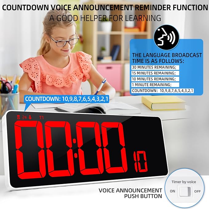 13.7”Digital Timer Large LED Screen displays（5'' Number）,The Date time, Remote Control, Turn on/Off 10 Seconds Countdown Voice Notification, for Chefs,Students, Children, Seniors