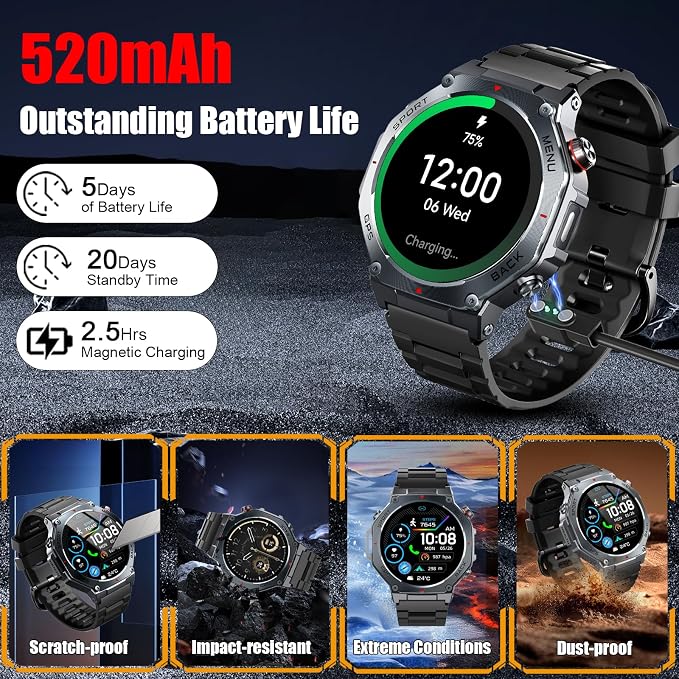 Military Smart Watch for Men with Dual-Band GPS, 5ATM Waterproof, 1.43” AMOLED Fitness Watch, Heart Rate Blood Oxygen Sleep Monitor, 160+ Sport, Bluetooth Calling Smartwatch for Hiking Running Outdoor