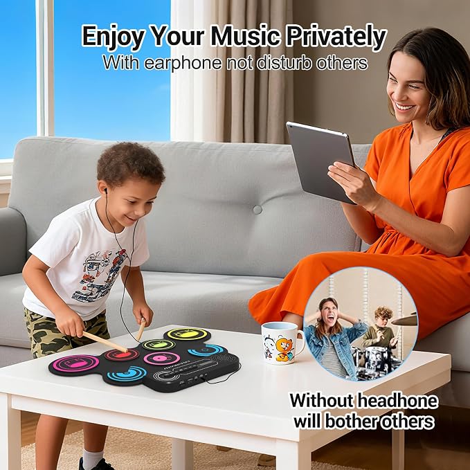 7-Pads Electronic Drum Set Drum Pad with Headphone and Speaker, Drumsticks & Pedals, Holiday Gifts for Kids