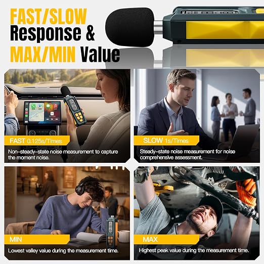 Decibel Meter, Goldeep SL750A Digital Sound Level Meter 30-130dB, A/C Weighted DB Meter with dB/SONE, Fast/Slow, MAX/MIN, LCD Sound Meter for Home, Office, Factory, Neighbor Noise - Ginger Yellow