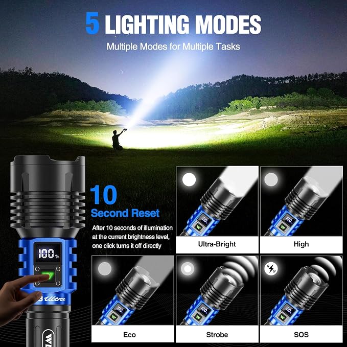 WdtPro Rechargeable LED Flashlights High Lumens, Super Bright 90000LM Rechargeable Flashlight with LCD Display, 5 Modes & Waterproof Powerful 10000mAh Handheld Flashlight for Camping Emergency Blue