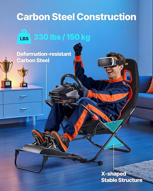 VEVOR Portable Racing Wheel Stand, Foldable & Adjustable Steering Sim Wheel Stand, 18.5 in Seat Inner Width, Compatible with Logitech G923/G920/G29, Thrustmaster T248P, Fanatec, Hori, Mad Catz, Black