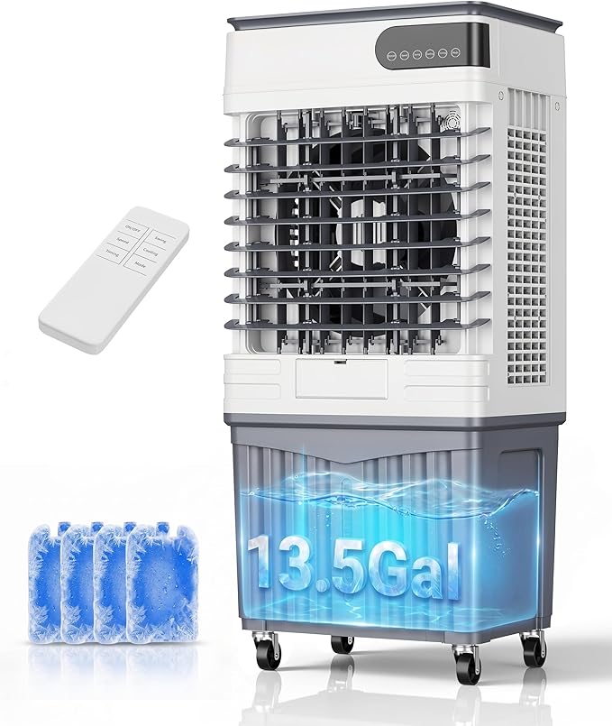 Swamp Cooler Air Conditioners, 3600 CFM Large 13.5 Gal Tank for 3d Cooling, 4-IN-1 Portable Evaporative Cooler with LED Touch Screen, 3 Fan Speeds, Timer and Remote, 1000 sq ft, Ideal for Large Rooms