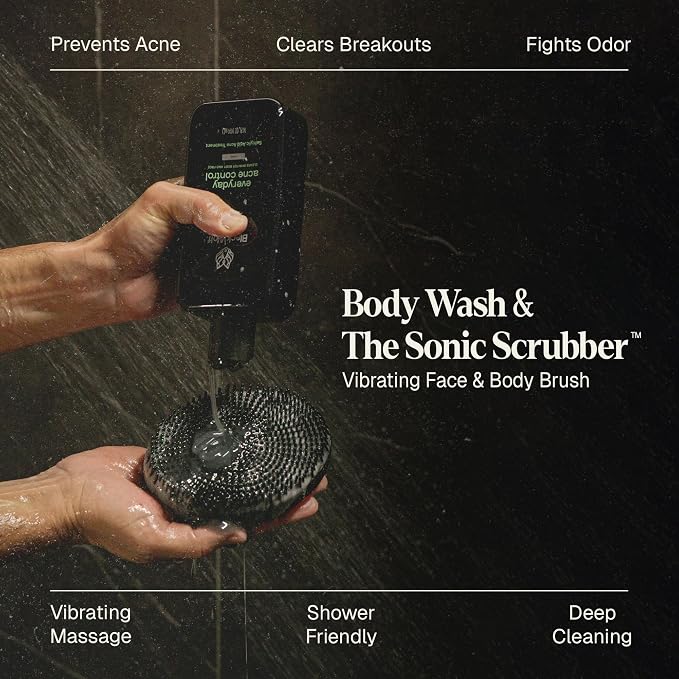 Black Wolf Body Wash & Sonic Scrubber Pro Kit for Men - Vibrating Face & Body Brush with Charcoal Powder Shower Gel, Water Resistant Massage Brush & Salicylic Acid Body Wash, Rich Lather & Deep Clean