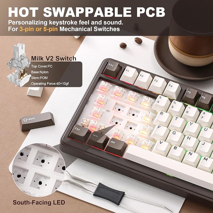 YUNZII B75 PRO Wireless Mechanical Keyboard,75% Layout with Knob,Hot Swap Gasket Structure,Creamy Pre-lubed Switches,RGB Backlit,Bluetooth/Type-C/2.4G for Win/Mac (Coffee Brown, Milk Switch)