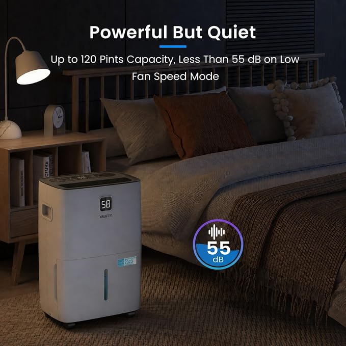 Yaufey 6000 Sq. Ft. Energy Star Certified Dehumidifier, Max 120 Pints Dehumidifier for Basement with Drain Hose, Smart Compressor with Intelligent Humidity Control, Dehumidifiers for Home Bedroom