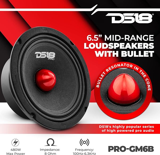 DS18 PRO-GM6B Loudspeaker - 6.5", Midrange, Red Aluminum Bullet, 480W Max, 140W RMS, 8 Ohms - Premium Quality Audio Door Speakers for Car or Truck Stereo Sound System (1 Speaker)
