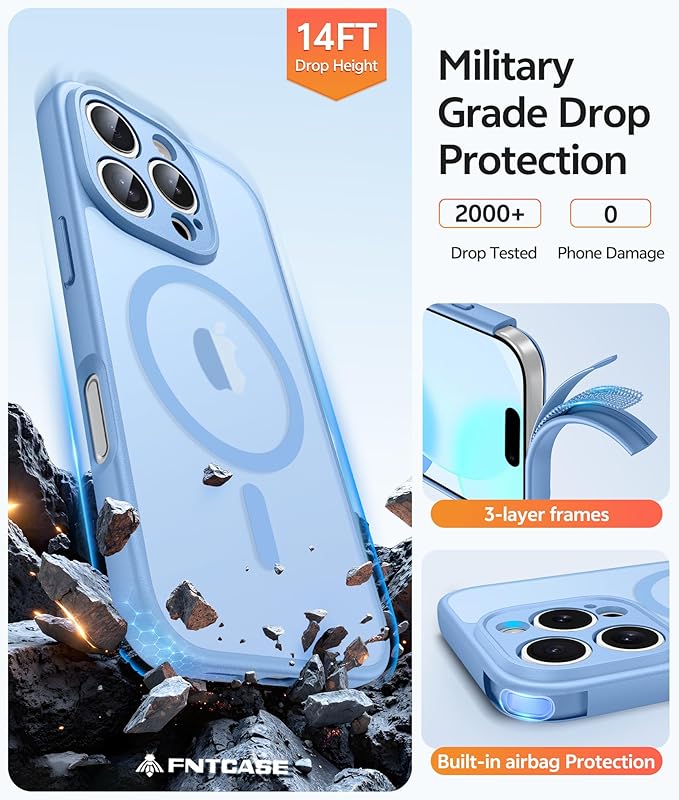 FNTCASE for iPhone 16 Pro Max Case: [Compatible with Magsafe] Translucent Matte Cases with [Full Camera Protection] [Screen Protector] Military Grade Shockproof Protective Phone Cover - Light Blue