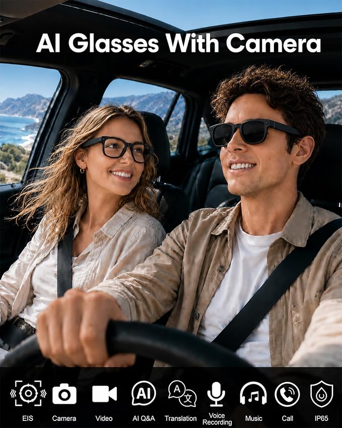 Coucur AI Smart Glasses with Camera, 8MP 4K Camera Glasses & 1080P Video Recording Glasses, ChatGPT Voice Assistant, 139 Languages Real-Time Translation, Open Ear Earbuds for Travel/Meetings/Vlog