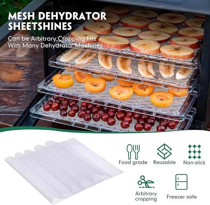 Thenshop 8 Pcs Silicone Dehydrator Sheets Trays with Edge and 10 Pcs Mesh Dehydrator Mats Non Stick Reusable Fruit Leather Trays Accessories for Liquid Making Food Fruit Meat Egg Vegetables(Green)